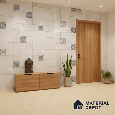 Modern foyer with beige floor tiles, patterned accent wall tiles, and light oak laminate console