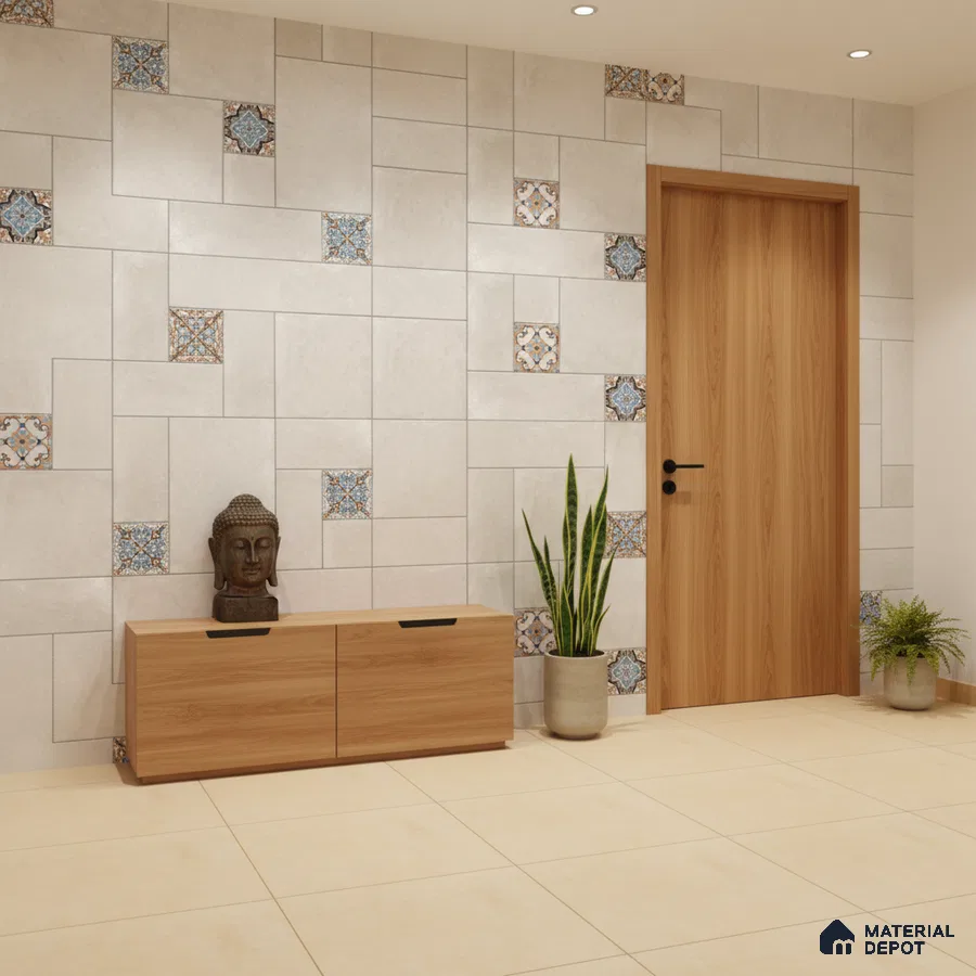 Modern foyer with beige floor tiles, patterned accent wall tiles, and light oak laminate console