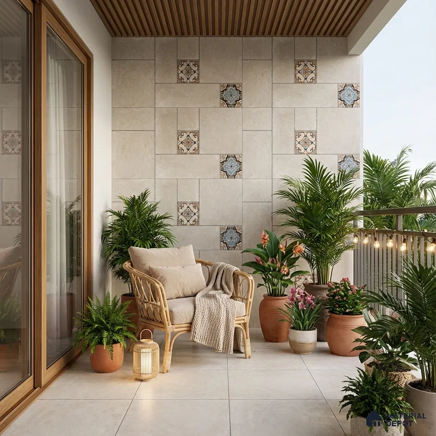 Scandinavian balcony with beige floor tiles, patterned accent wall tiles, and wooden ceiling panels