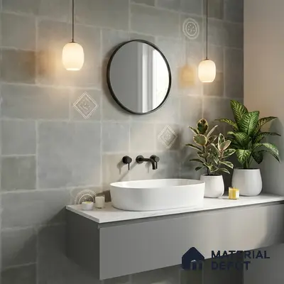 Minimalist bathroom with grey patterned wall tiles and matte grey floating vanity