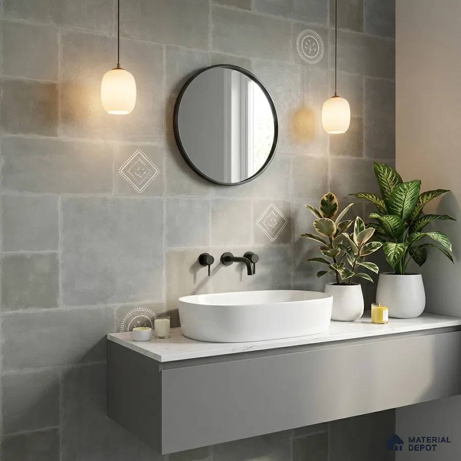 Minimalist bathroom with grey patterned wall tiles and matte grey floating vanity