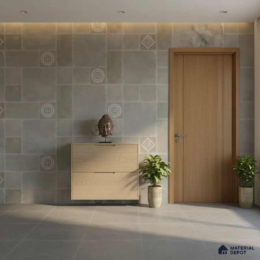 Minimalist foyer with patterned grey wall tiles, light wood laminate console, and grey floor tiles
