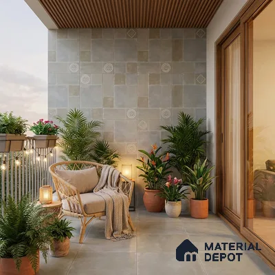 Scandinavian balcony with beige patterned wall tiles, large format floor tiles, and wooden ceiling louvers