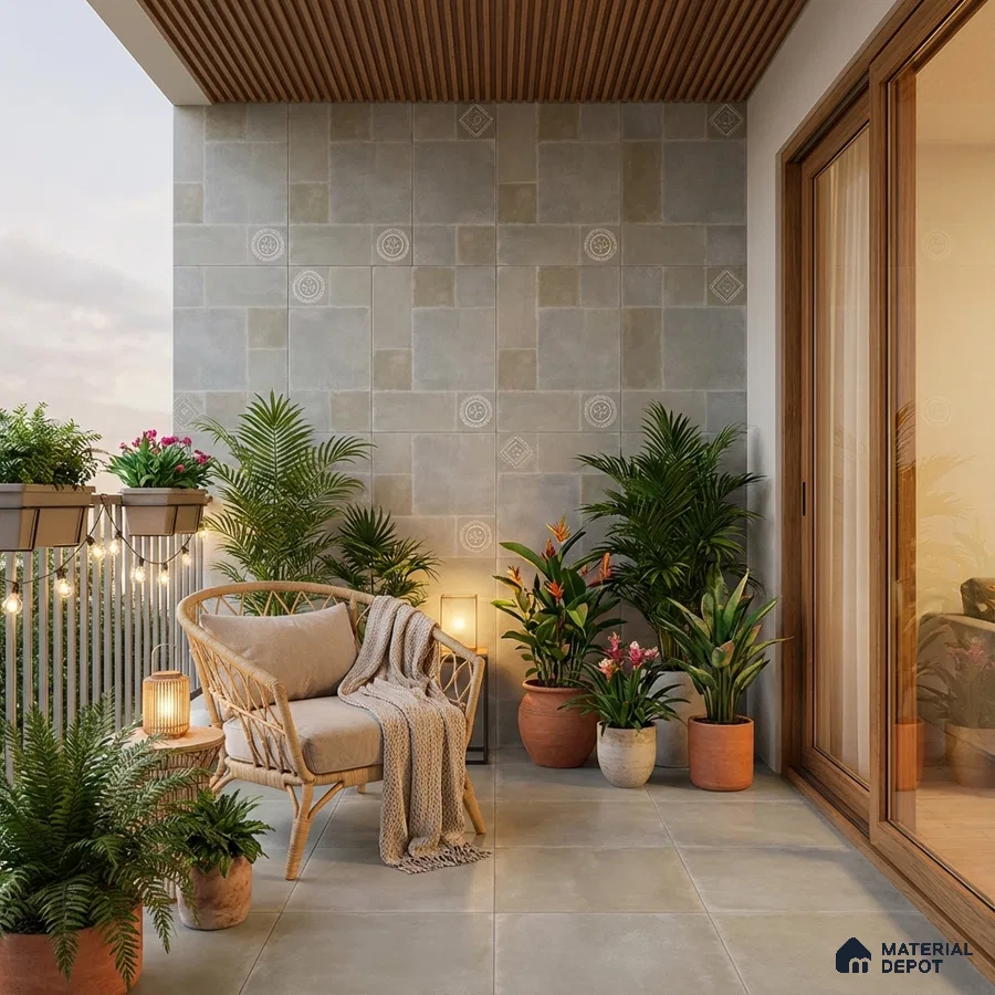 Scandinavian balcony with beige patterned wall tiles, large format floor tiles, and wooden ceiling louvers