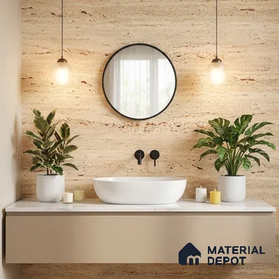 Minimalist bathroom with travertine stone wall tile and beige floating vanity