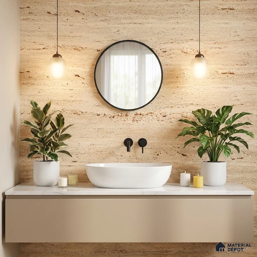 Minimalist bathroom with travertine stone wall tile and beige floating vanity