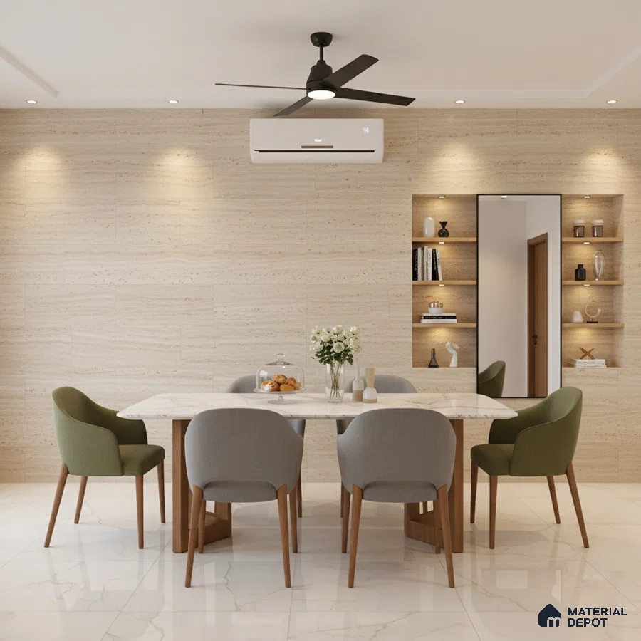 Modern dining room with travertine wall tiles, white marble dining table, and marble floor tiles
