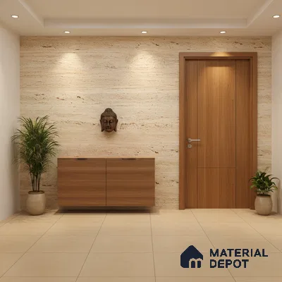 Modern foyer with travertine stone wall, walnut wood laminate cabinet, and beige floor tiles