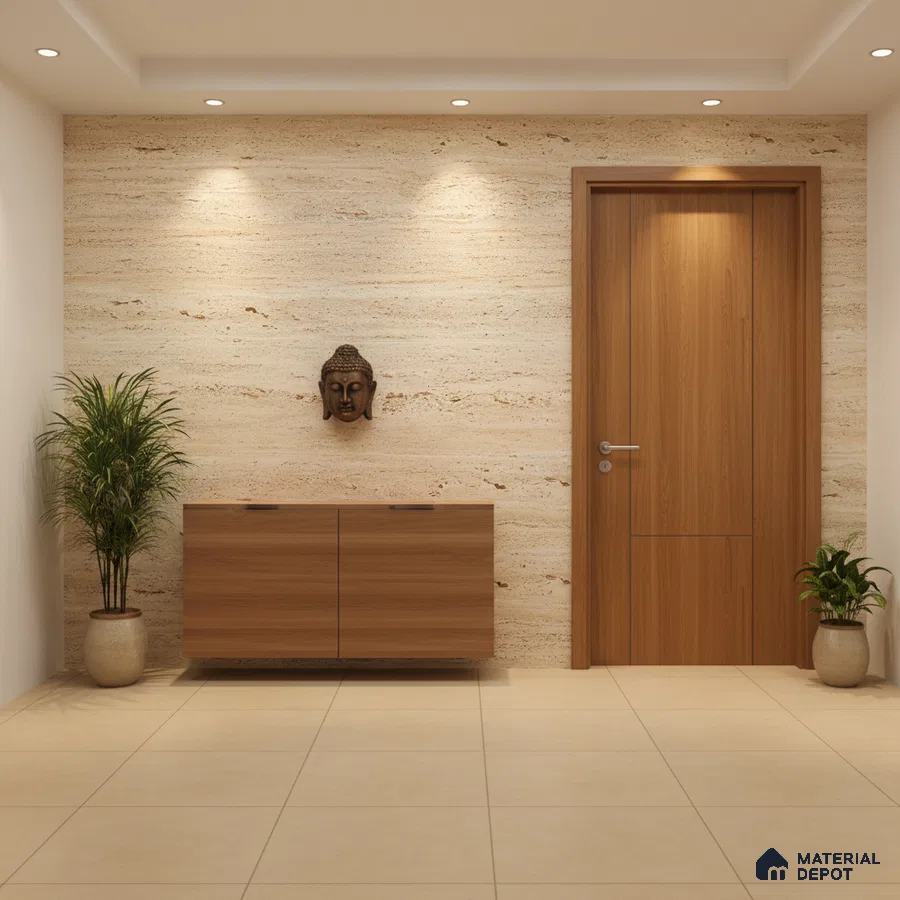 Modern foyer with travertine stone wall, walnut wood laminate cabinet, and beige floor tiles