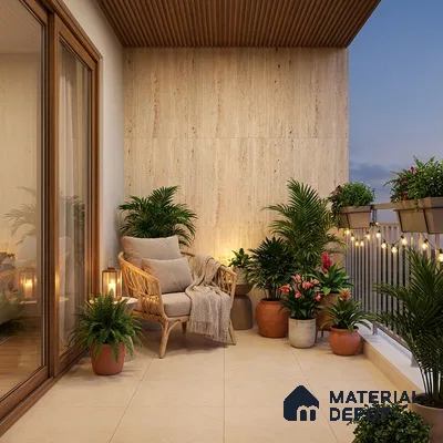 Scandinavian balcony with beige stone wall tiles, wooden ceiling louvers, and neutral floor tiles
