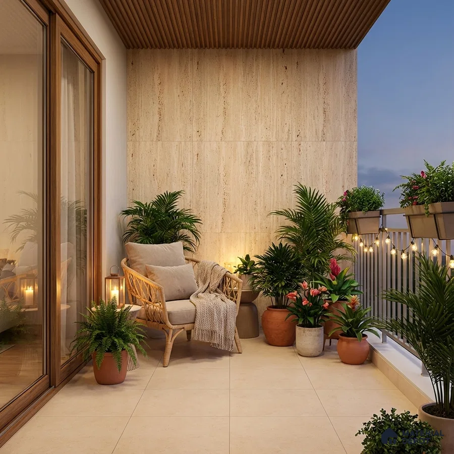 Scandinavian balcony with beige stone wall tiles, wooden ceiling louvers, and neutral floor tiles