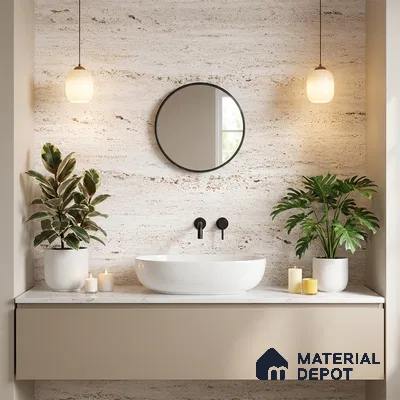 Minimalist bathroom with travertine wall tile, beige floating vanity, and white marble countertop