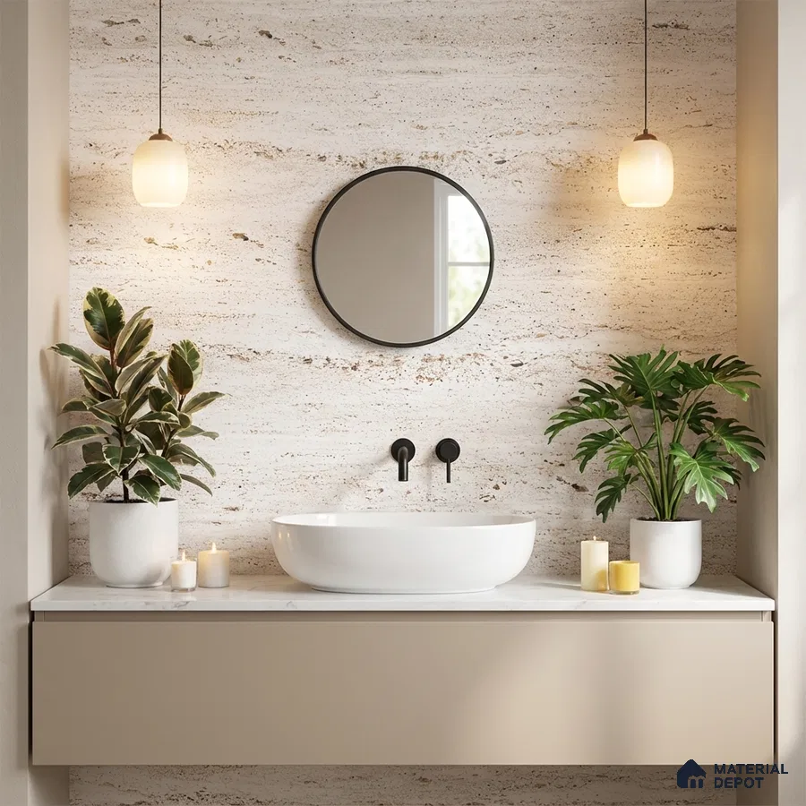 Minimalist bathroom with travertine wall tile, beige floating vanity, and white marble countertop