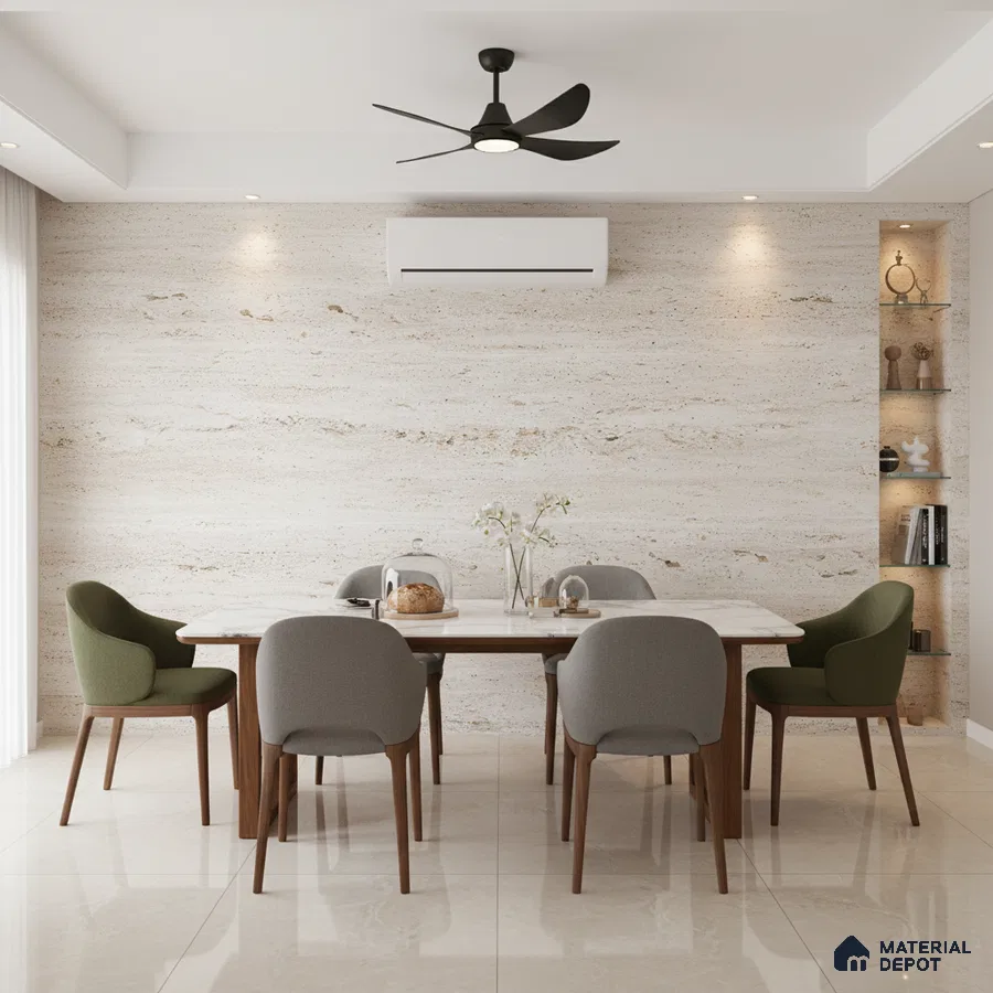 Modern dining room with travertine stone accent wall and beige marble floor tiles