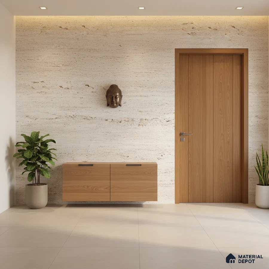Minimalist foyer with travertine stone wall, light oak laminate console, and beige floor tiles