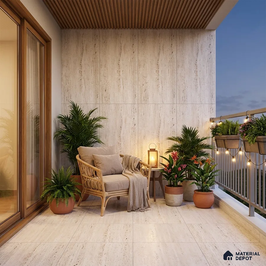 Scandinavian balcony with travertine-look tiles, wooden ceiling louvers, and rattan furniture