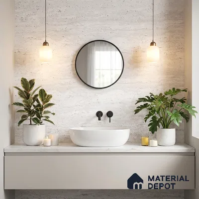 Minimalist bathroom with travertine wall tile, white marble countertop, and floating vanity