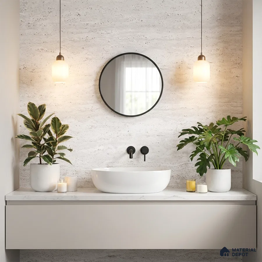 Minimalist bathroom with travertine wall tile, white marble countertop, and floating vanity