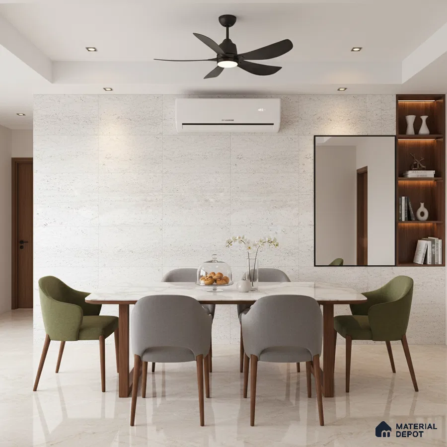 Modern dining room with marble-look floor tiles and white stone wall tiles