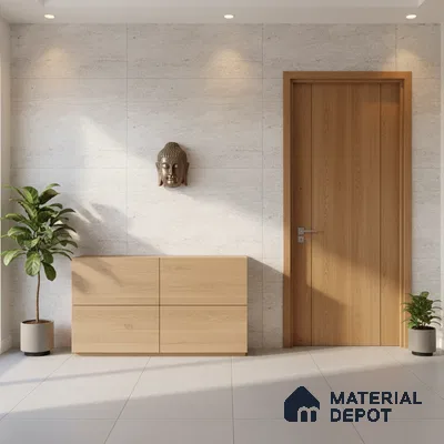 Minimalist foyer with light oak laminate console, beige stone wall tiles, and large format white floor tiles