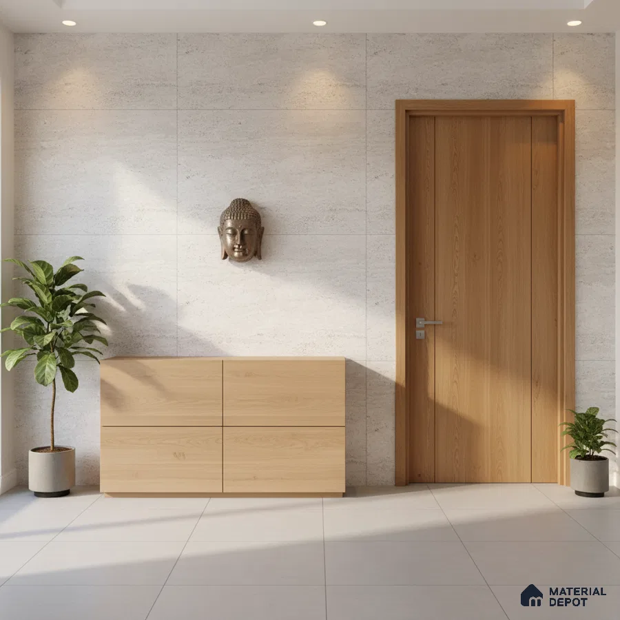 Minimalist foyer with light oak laminate console, beige stone wall tiles, and large format white floor tiles