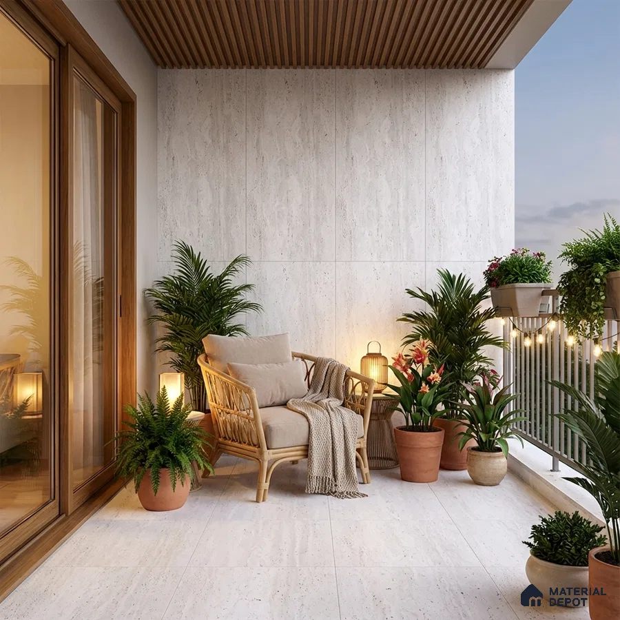 Scandinavian balcony with travertine-look floor tiles, wood slat ceiling, and rattan furniture