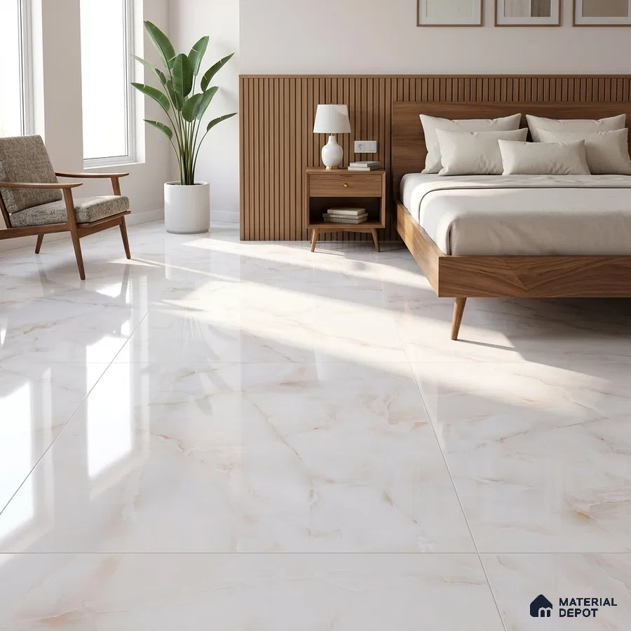 Mid-century Modern Bedroom with Glossy Cream Onyx-Look Marble Floor Tile