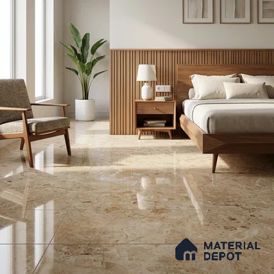 Mid-century Modern Bedroom with Glossy Beige Marble-Look Floor Tile