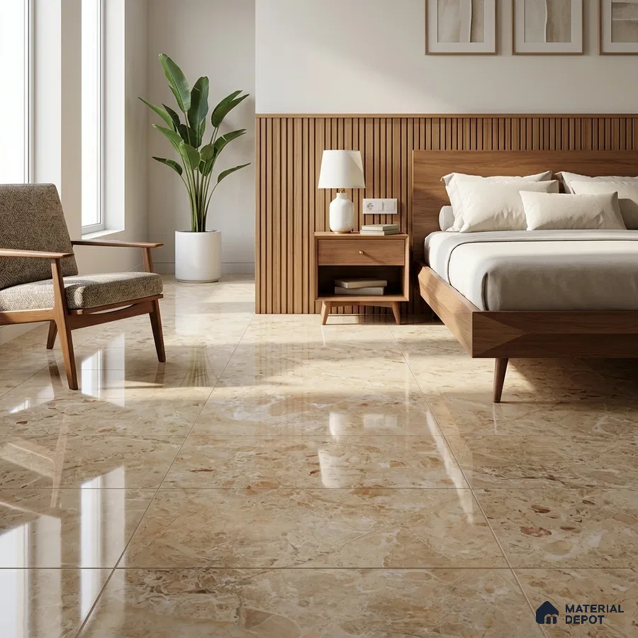 Mid-century Modern Bedroom with Glossy Beige Marble-Look Floor Tile
