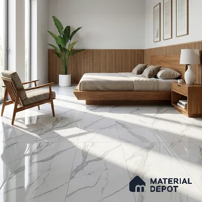 Mid-century Modern Bedroom with Glossy White Marble-Look Floor Tile