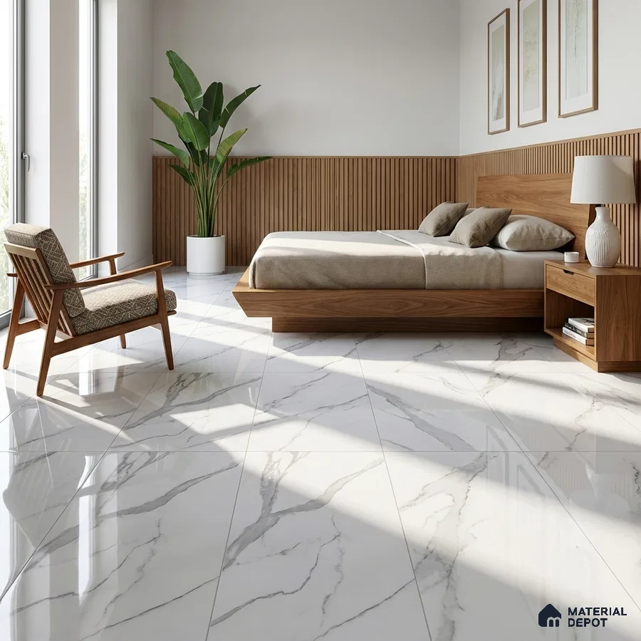 Mid-century Modern Bedroom with Glossy White Marble-Look Floor Tile
