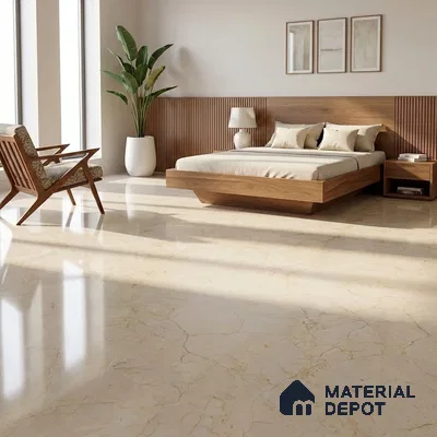 Mid-century Modern Bedroom with Glossy Cream Marble-Look Floor Tile