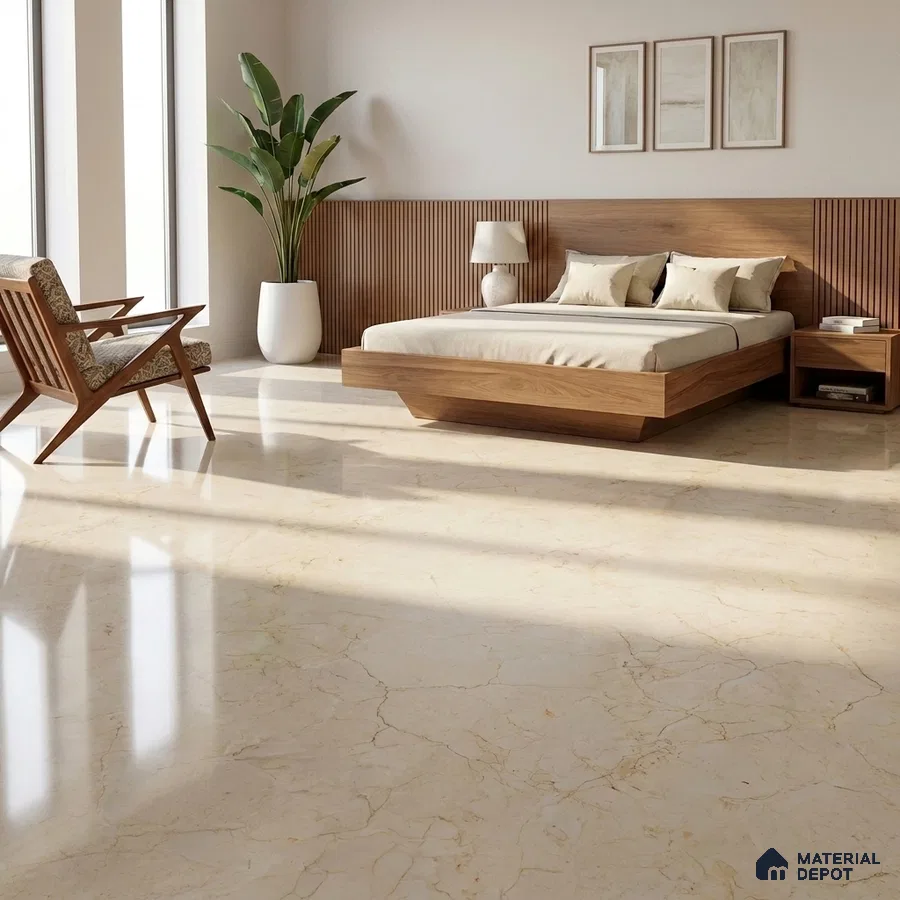 Mid-century Modern Bedroom with Glossy Cream Marble-Look Floor Tile