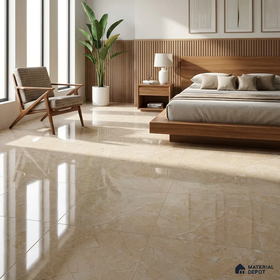 Mid-century Modern Bedroom with Glossy Beige Marble-Look Floor Tile