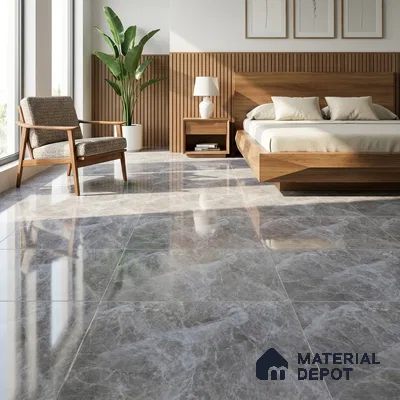Mid-century Modern Bedroom with Glossy Grey Marble-Look Floor Tile