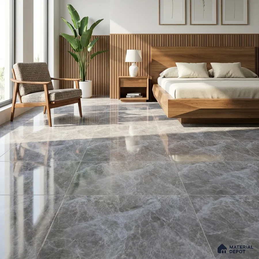 Mid-century Modern Bedroom with Glossy Grey Marble-Look Floor Tile