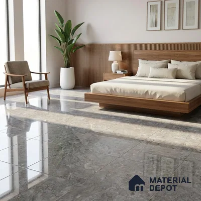 Mid-century Modern Bedroom with Glossy Grey Marble-Look Floor Tile