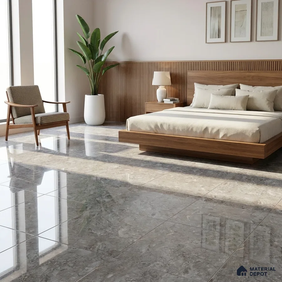 Mid-century Modern Bedroom with Glossy Grey Marble-Look Floor Tile