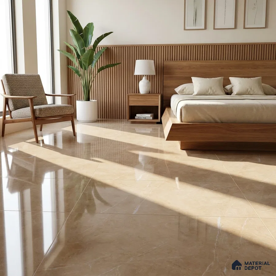 Mid-century Modern Bedroom with Glossy Beige Marble-Look Floor Tile