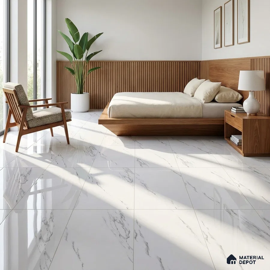 Minimalist Bedroom with Glossy White Marble-Look Floor Tile