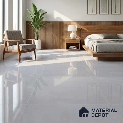 Modern Bedroom with Glossy Light Grey Marble-Look Floor Tile and Walnut Slat Wall