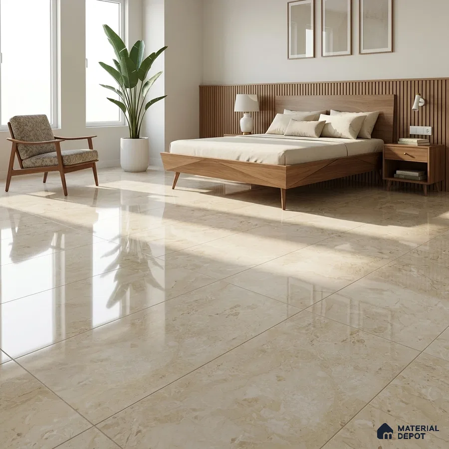Modern Bedroom with Glossy Beige Marble-Look Floor Tile and Walnut Bed