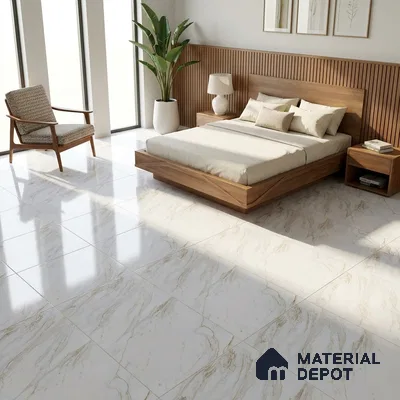 Modern Bedroom with Glossy Cream Marble-Look Floor Tile and Golden Veins