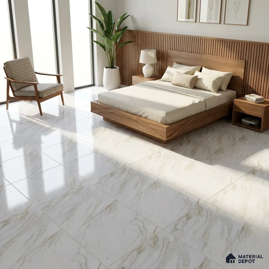 Modern Bedroom with Glossy Cream Marble-Look Floor Tile and Golden Veins
