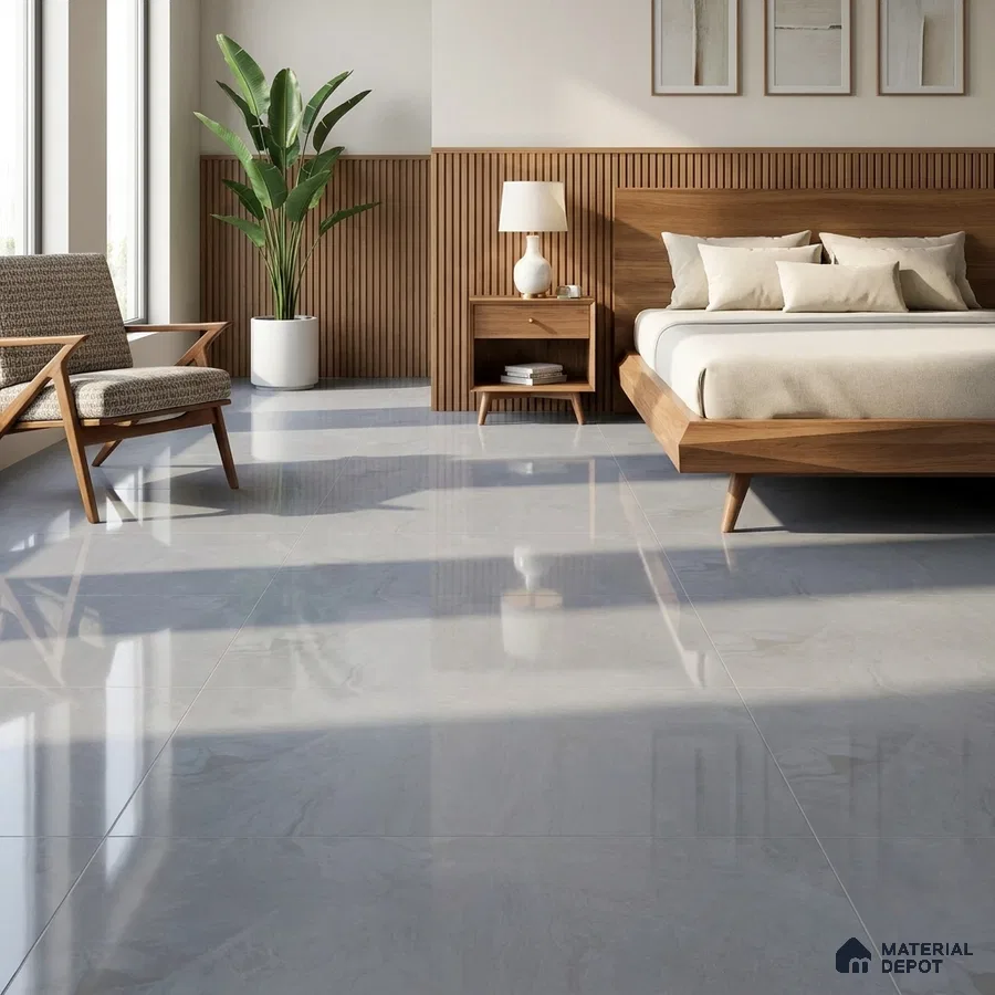 Modern Bedroom with Glossy Light Grey Marble-Look Floor Tile and Walnut Slat Wall