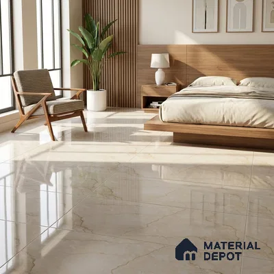 Modern Bedroom with Glossy Cream Marble-Look Floor Tile and Walnut Bed