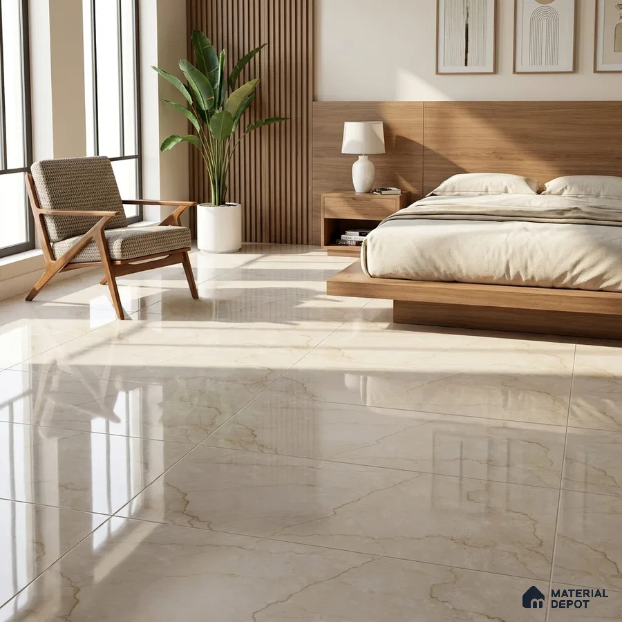 Modern Bedroom with Glossy Cream Marble-Look Floor Tile and Walnut Bed