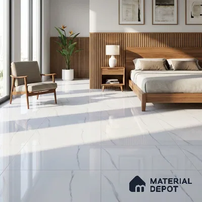 Modern Bedroom with Glossy White Marble-Look Floor Tile and Grey Veins