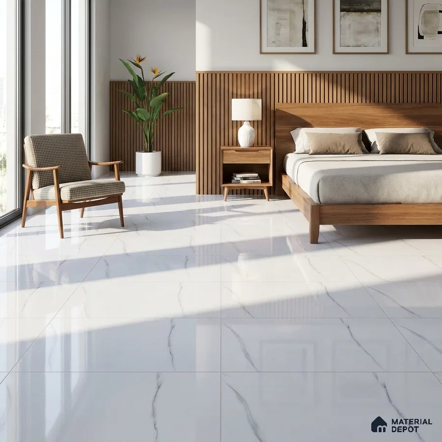 Modern Bedroom with Glossy White Marble-Look Floor Tile and Grey Veins