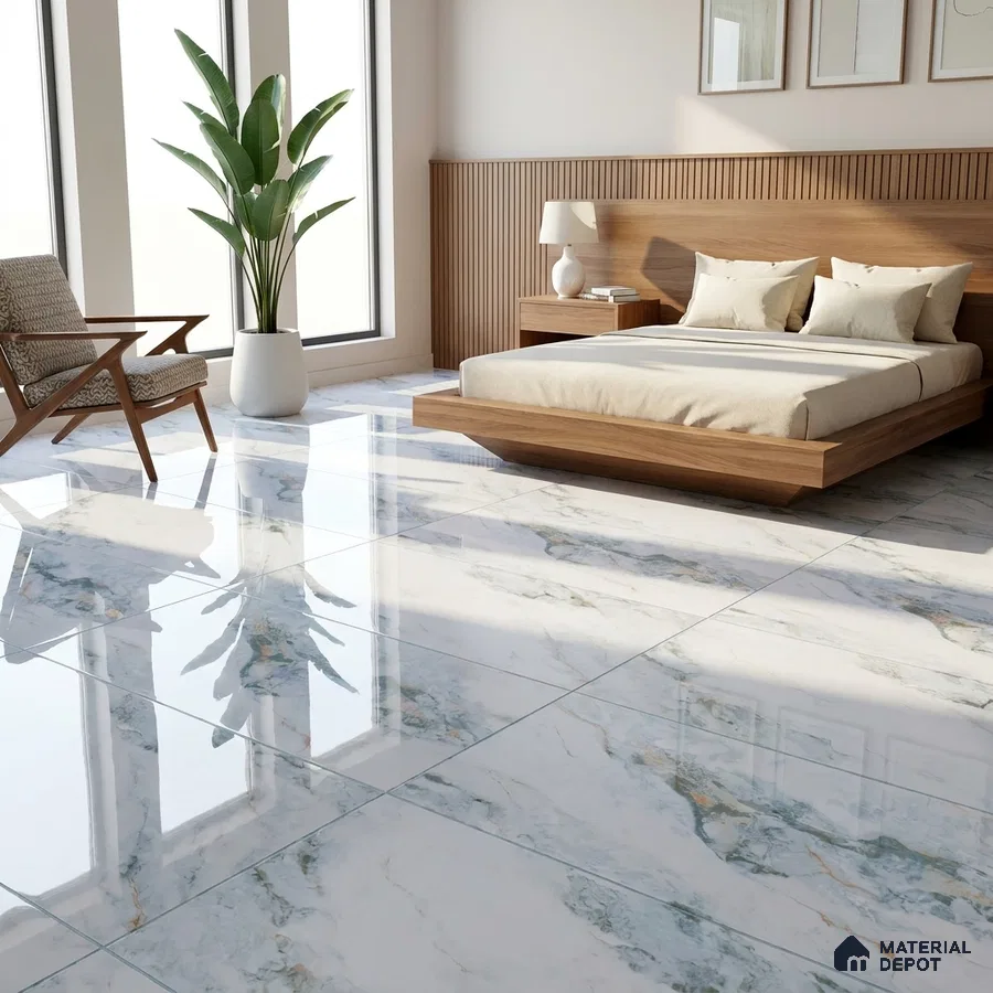 Modern Bedroom with Glossy White Marble-Look Floor Tile and Green Veins